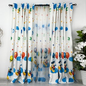 Set 2 bucati Draperie Satinata pentru copii, Mickey cu baloane, 200cm latime x 232cm inaltime, cu rejansa pentru bara