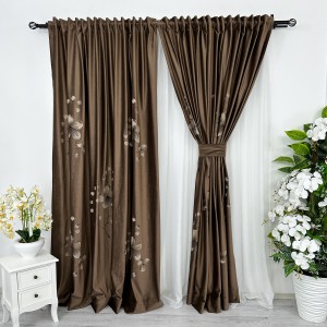 Set 2 bucatie de Draperie Catifea Pictata Manual - 2m latime x 232cm inaltime x rejansa pt bara, Maro, flori