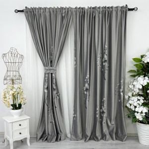 Draperie Catifea Pictata Manual, 140cm latime x 260cm înălțime, cu TIV LAT, Gri deschis, flori
