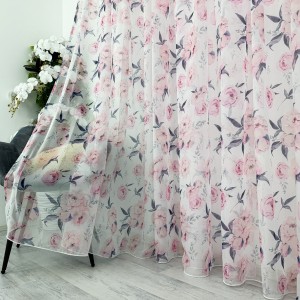 Perdea din Voal imprimat - Alb cu bujori roz, 500cm x 232cm , Rejansa pt bara