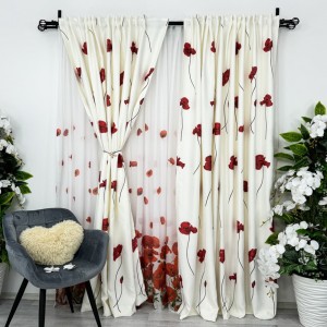 Set 2 draperii satinate imprimate, Alb cu Maci rosii, 2m latime x 232cm inaltime, cu rejansa pentru bara