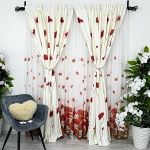 Set Perdea din Matase si Draperie Satinata imprimata, Alb cu Maci rosii, PERDEA - 1 BUC 3m latime, DRAPERIE - 2 Buc de 1m latime, inaltime 2m, cu rejansa pt sina
