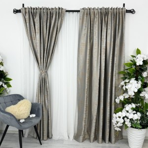 Set 2 draperii din Catifea Plisata cu opacitate ridicata, 140x245cm, cu rejansa pentru sina, Gri cu Bej