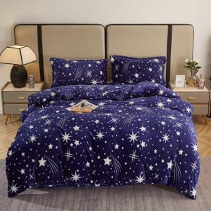 Lenjerie pentru Pat Dublu, Cocolino Premium, 4 Piese – Plușată, Groasă, și Călduroasă, Ideală pentru Iarnă –  Confort Maxim, Antișifonare, Bleumarin, ploaie de stele