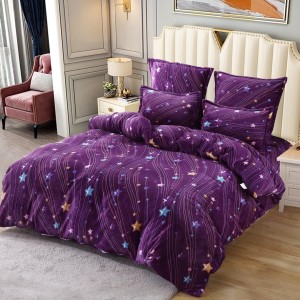 Lenjerie pat dublu, Super Pufoasa COCOLINO,cu ELASTIC, 4 piese, Mov, ploaie de stele