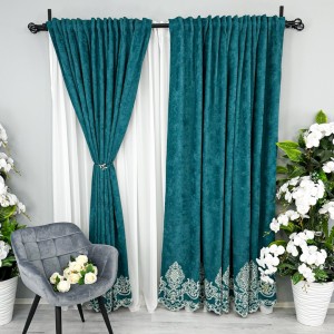 Set 2 Draperii Blackout 80%, din Catifea cu Broderie, Elite V2, Turquoise, 2m latime x 232cm inaltime x rejansa pt bara