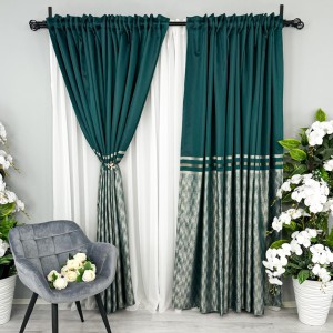 Set 2 Draperii Lines, tip panou 3 metri latime x 232cm inaltime x rejansa pt bara, Verde cu Bej