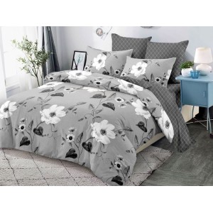 Lenjerie pat dublu,  FINET, cu elastic, 6 piese, Gri, flori