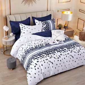 Lenjerie pat dublu,  FINET, 6 piese, Jojo Home, Alb-Bleumarin, forme geometrice