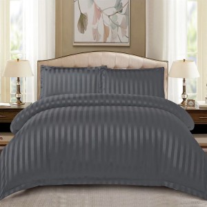 Lenjerie HoReCa, pat dublu, Damasc Finetat Deluxe cu Elastic, 4 piese, Gri inchis