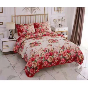 Lenjerie pat dublu, Super Pufoasa COCOLINO, 4 piese, Bej-Rosu, flori