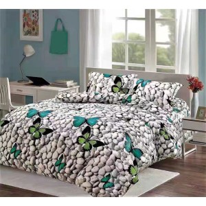 Lenjerie pat dublu, Super Pufoasa COCOLINO, 4 piese, cu ELASTIC, Gri, Multicolor, fluturi pe pietre