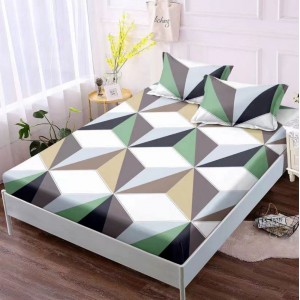 Cearsaf cu elastic, Bumbac FINET, 160x200cm, 2 fete de perne 50x70cm, Verde, forme geometrice