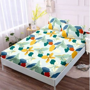 Cearsaf cu elastic, Bumbac FINET, 160x200cm, 2 fete de perne 50x70cm, Verde, flori