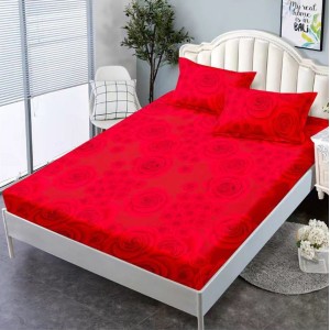 Cearsaf cu elastic, Bumbac FINET, 160x200cm, 2 fete de perne 50x70cm, Rosu, trandafiri