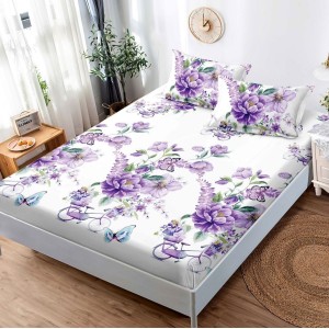 Cearsaf cu elastic, Bumbac FINET, 160x200cm, 2 fete de perne 50x70cm, Mov, flori, fluturi