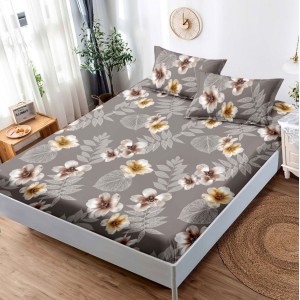 Cearsaf cu elastic, Bumbac FINET, 160x200cm, 2 fete de perne 50x70cm, Bej, flori