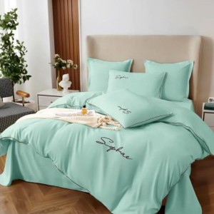 Lenjerie pat dublu cu broderie, Bumbac Satinat Deluxe, 6 piese, Aqua