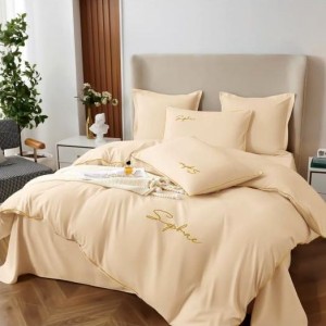 Lenjerie pat dublu cu broderie, Bumbac Satinat Deluxe, 6 piese, Crem