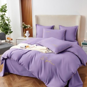 Lenjerie pat dublu cu broderie, Bumbac Satinat Deluxe, 6 piese, Lila