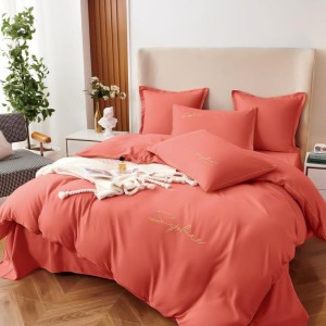 Lenjerie pat dublu cu broderie, Bumbac Satinat Deluxe, 6 piese, Corai