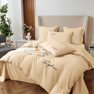 Lenjerie pat dublu cu broderie, Bumbac Satinat Deluxe, 6 piese, Bej