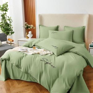 Lenjerie pat dublu cu broderie, Bumbac Satinat Deluxe, 6 piese, Verde