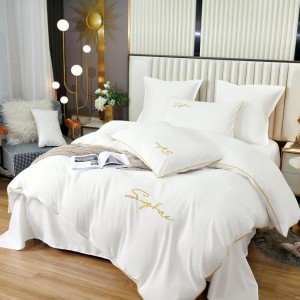 Lenjerie pat dublu cu broderie, Bumbac Satinat Deluxe, 6 piese, Alb