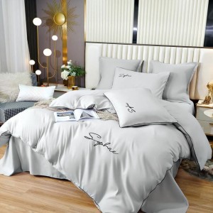 Lenjerie pat dublu cu broderie, Bumbac Satinat Deluxe, 6 piese, Gri deschis