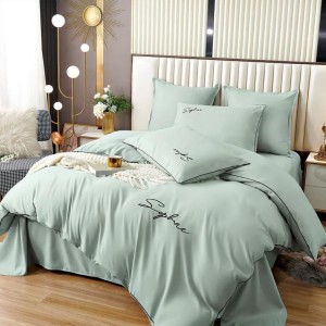 Lenjerie pat dublu cu broderie, Bumbac Satinat Deluxe, 6 piese, Verde menta