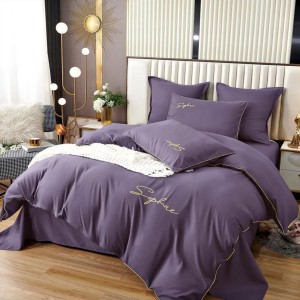 Lenjerie pat dublu cu broderie, Bumbac Satinat Deluxe, 6 piese, Mov