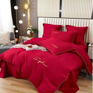 Lenjerie pat dublu cu broderie, Bumbac Satinat Deluxe, 6 piese, Rosu