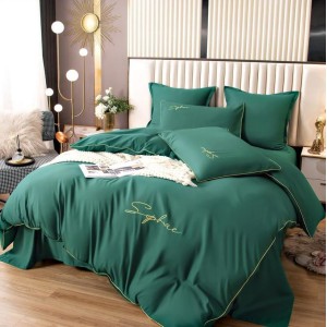 Lenjerie pat dublu cu broderie, Bumbac Satinat Deluxe, 6 piese, Verde smarald
