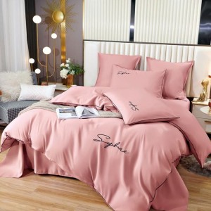 Lenjerie pat dublu cu broderie, Bumbac Satinat Deluxe, 6 piese, Roz