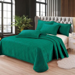 Cuvertura pat dublu, 3 piese, Catifea Matlasata 230x250cm + 2 fete de perne 50x70cm, verde smarald