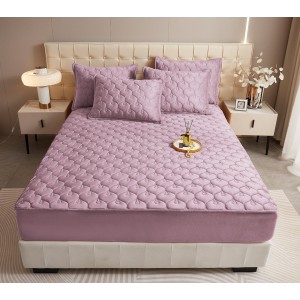 Husã matlasatã tip topper din catifea, 140x200cm + 2 fete de perna 50x70cm, mov