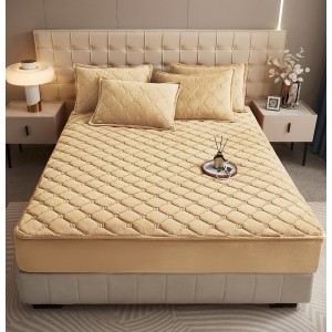 Husã matlasatã tip topper din catifea, 160x200cm + 2 fete de perna 50x70cm, bej