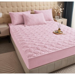 Husã matlasatã tip topper din catifea, 180x200cm + 2 fete de perna 50x70cm, roz