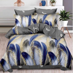 Lenjerie pat dublu,  FINET, 6 piese, cu ELASTIC, Albastru, pene