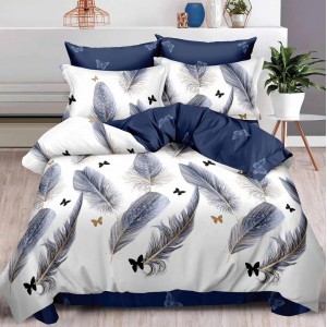 Lenjerie pat dublu,  FINET, 6 piese, cu ELASTIC, Albastru, pene, fluturi