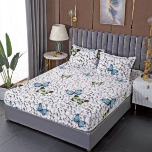 Cearsaf cu elastic COCOLINO, 180x200x25cm, 2 fete de perne, Gri, pietre, fluturi