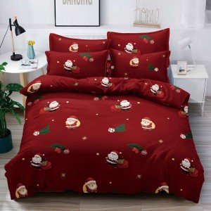 Lenjerie pat dublu,  FINET, 6 piese, cu ELASTIC, Craciun, Jojo Home, Rosu, Mos Craciun