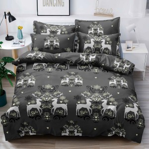 Lenjerie pat dublu,  FINET, 6 piese, cu ELASTIC, Craciun, Jojo Home, Gri, reni