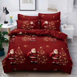 Lenjerie pat dublu,  FINET, 6 piese, Craciun, Jojo Home, Rosu, Mos Craciun, brazi