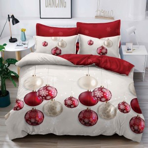 Lenjerie pat dublu,  FINET, 6 piese, Craciun, Jojo Home, Crem-Rosu, globulete