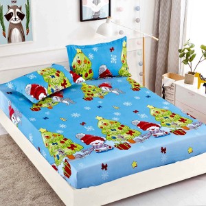 Cearsaf cu elastic, Bumbac FINET, 160/180x200cm, 2 fete de perne 50x70cm, Jojo Home, Craciun, Bleu, brazi