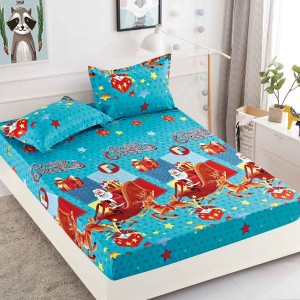 Cearsaf cu elastic, Bumbac FINET, 160/180x200cm, 2 fete de perne 50x70cm, Jojo Home, Craciun, Albastru, sania lui Mos Craciun