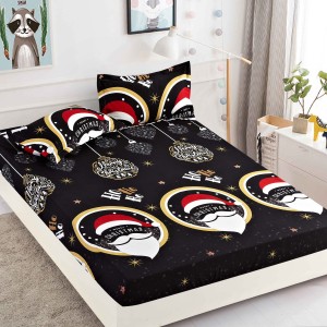 Cearsaf cu elastic, Bumbac FINET, 160/180x200cm, 2 fete de perne 50x70cm, Jojo Home, Craciun, Negru, Mos Craciun