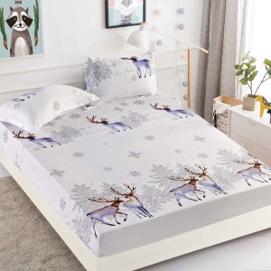 Cearsaf cu elastic, Bumbac FINET, 160/180x200cm, 2 fete de perne 50x70cm, Jojo Home, Craciun, Gri, reni