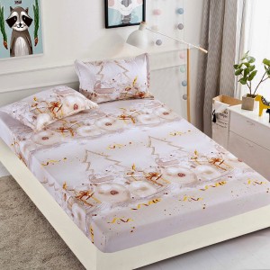 Cearsaf cu elastic, Bumbac FINET, 160/180x200cm, 2 fete de perne 50x70cm, Jojo Home, Craciun, Grej deschis, globulete